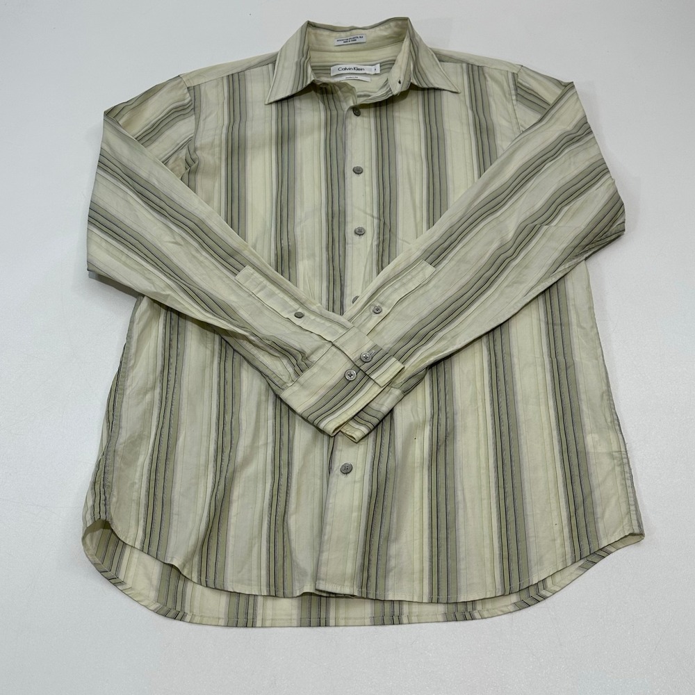 Calvin Klein Men's Modern Fit Striped Dress Shirt Light Sage/ Cream Size S